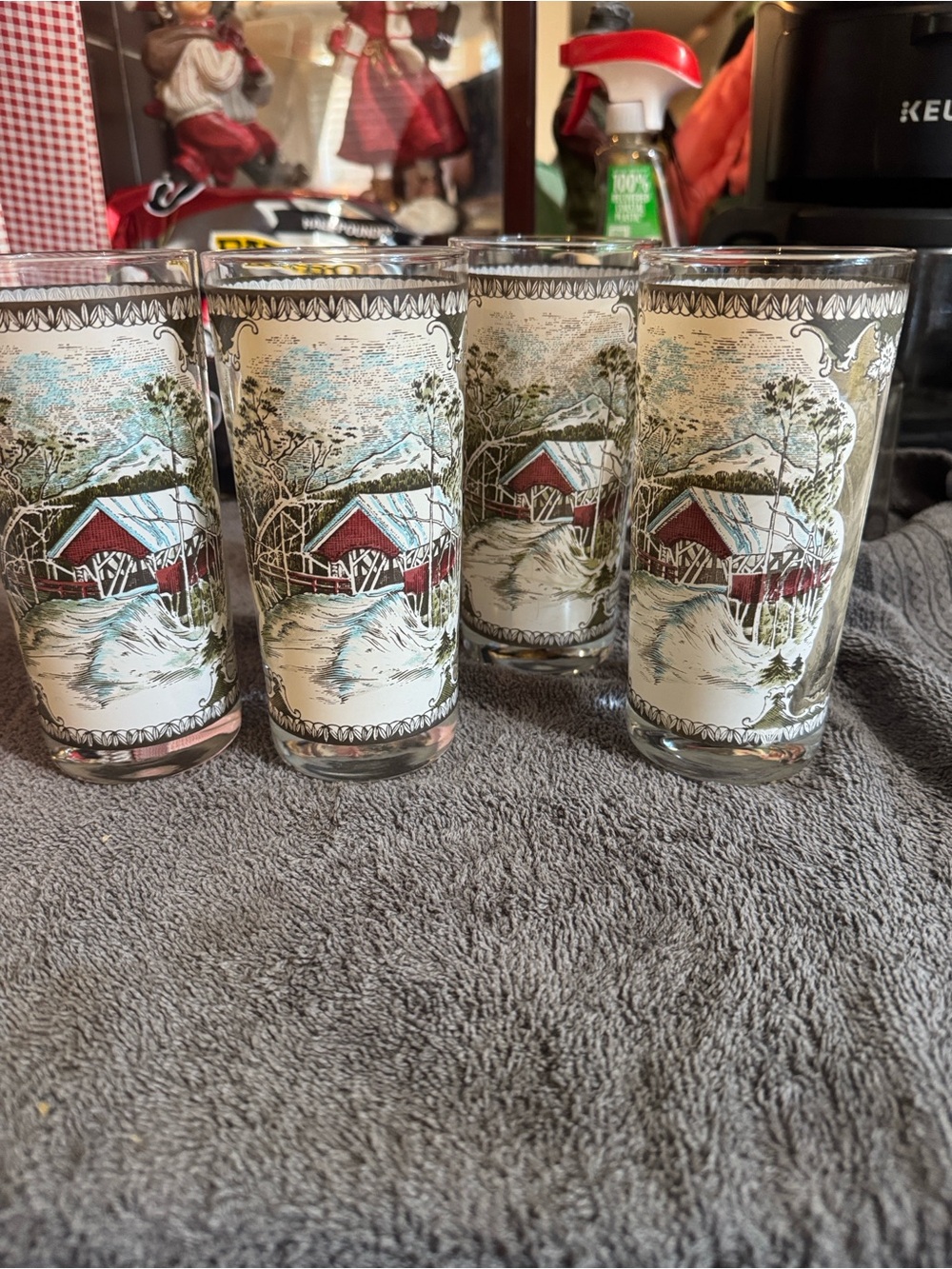 Johnson Brothers Red, Green and White Winter Covered Bridge Glasses - Set of 4